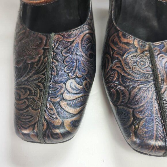Art Effects Shoes Heels Size 7 Embossed Tooled Leather Look Square Toe 2 3/4" - Picture 9 of 13